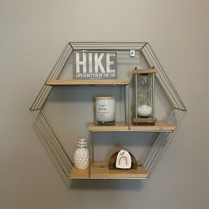 Hexagonal Metal and Wood Wall Shelf - Gold and Brown
